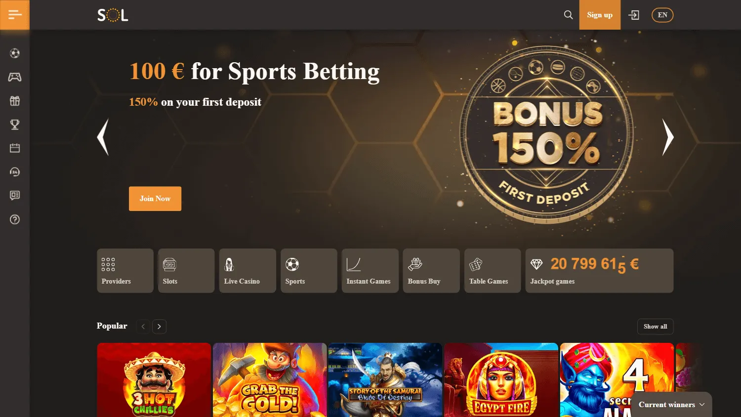 Sol Casino desktop home
